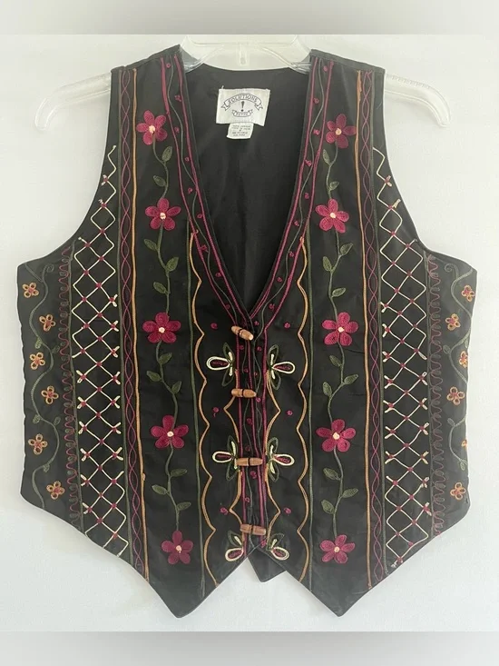 Vtg Embroidered Floral Boho Cotton Vest Cottagecore Black - Solutions Petite - Picture 1 of 6